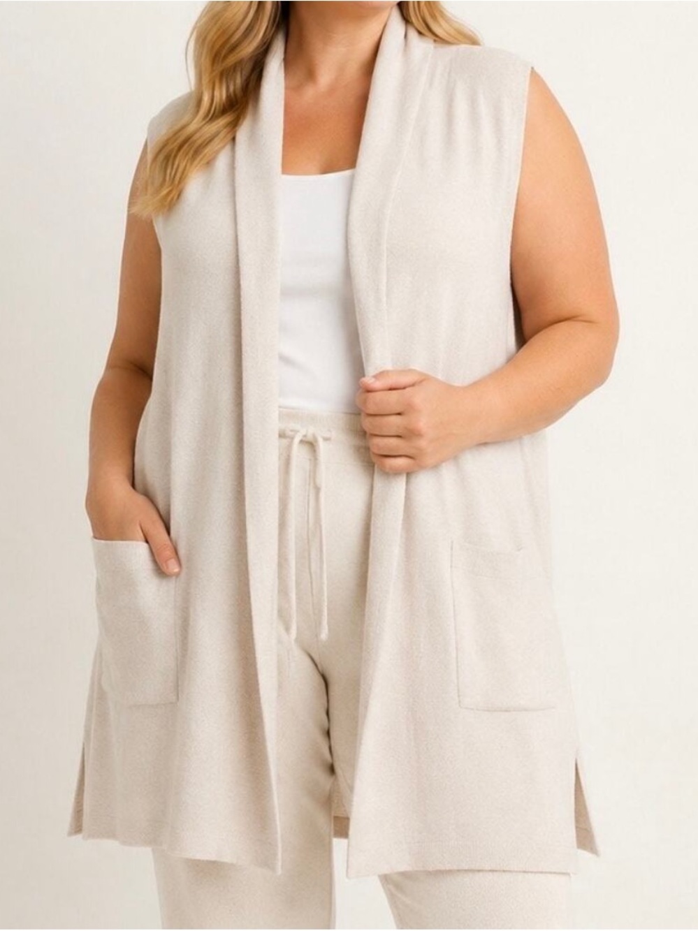 Barefoot Dreams CozyChic Ultra Lite Shawl Vest Sleeveless Cardigan Beige Size XL